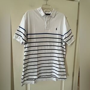 Men's Polo Ralph Lauren White and Blue Striped Short Sleeve Polo Shirt Size XL